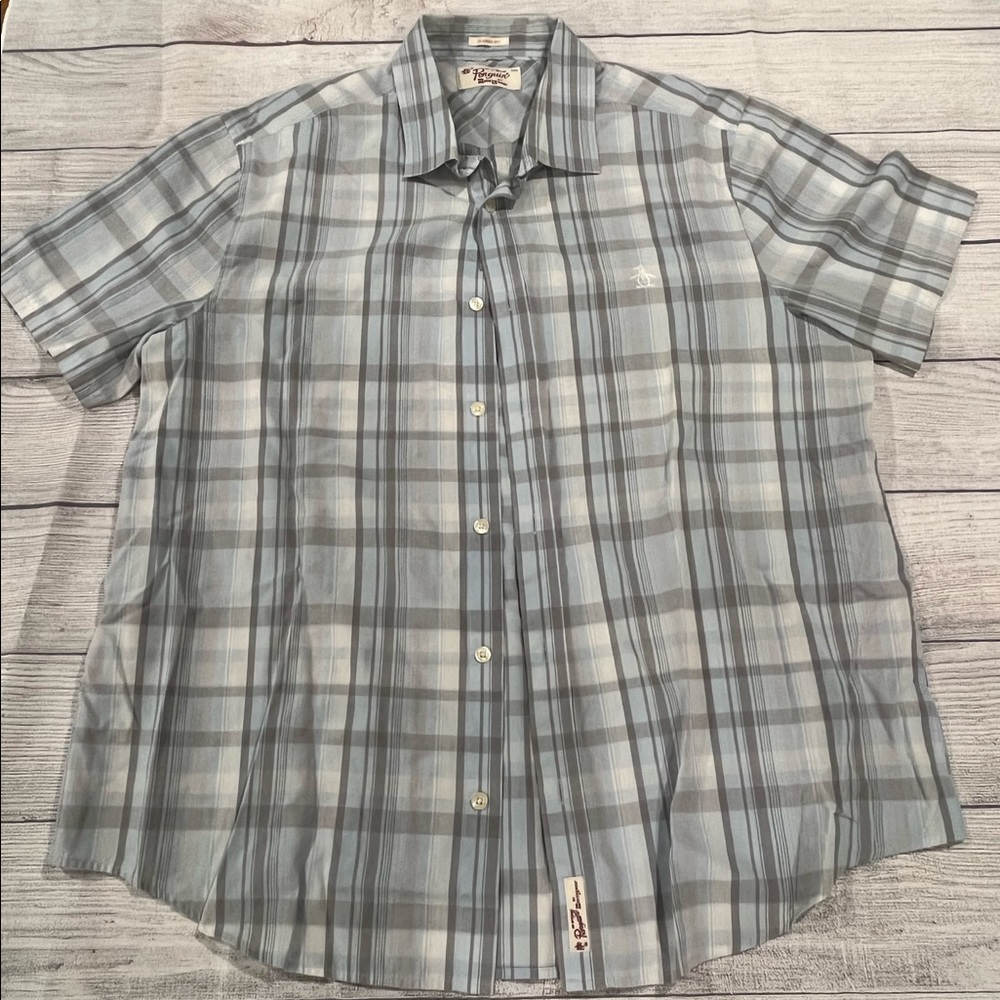 Original Penguin Men's Blue Plaid Button Up Classic Fit Short Sleeve US XXL